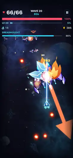 Wave 20 against the Dreadnought. An orange arrow marks its next dash while the player ship fires a beam into it.