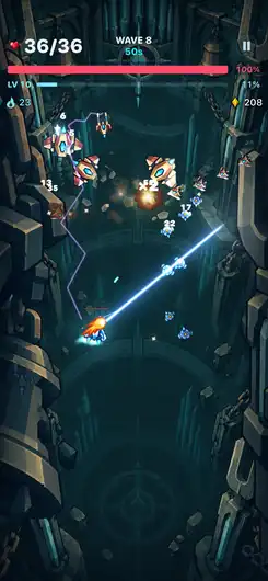 Wave 8 in Bellgrave. The player ship fires a laser beam, chain lightning, and a fireball into a swarm among bells and chains.