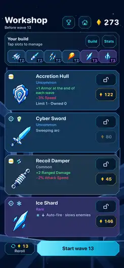 The Workshop before wave 13. Six weapons fill the build, and four offers show their prices beside a reroll button.